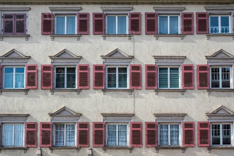 House façade, town house, residential building, apartment building, living space in full format, from a historic town house with several windows and shutters in the old town of Rottweil, Rottweil district, Baden-Württemberg, Germany