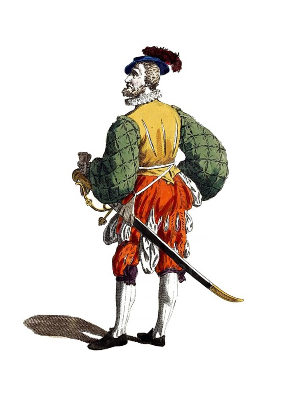 Historical clothing, fashion over time, clothing of a Swiss officer in 1588, digitally restored reproduction of an 18th/19th century model, exact date unknown, warrior in decorative armour with sword, striking colours of the clothing