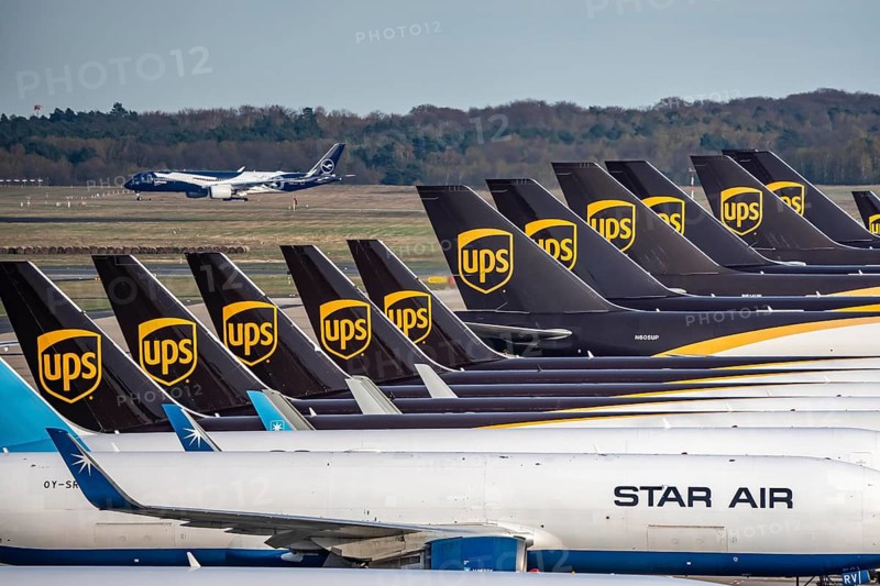 Special flight to mark Lufthansa's 100th anniversary, on Easter Monday 2026, Airbus A350-900, christened Rostock, with special livery on takeoff from Cologne-Bonn airport, UPS cargo aircraft fleet at UPS Cargo Hub, CGN