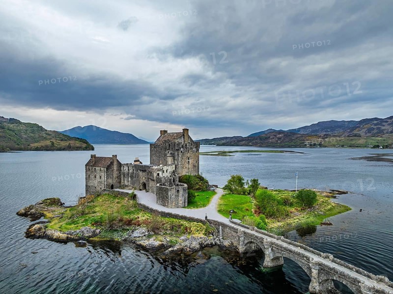Eilean Donan Castle and Loch Duich from a drone, Isle of Skye, Highlands, Scotland, England, United Kingdom