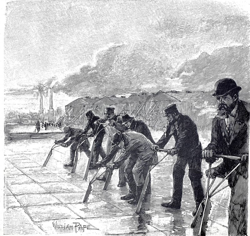 The extraction of natural ice for cooling, the sawing of the ice sheet, around 1890, Germany, illustration, reproduction from a model from the 19th century. Authentic, file restored for optimal use, exact date of submission unknown, historical