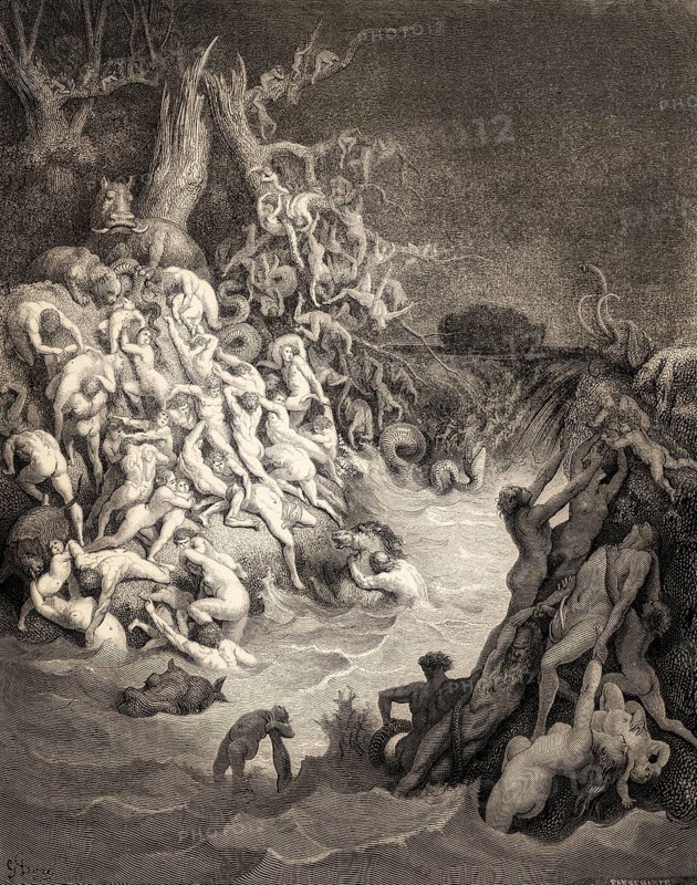 The world is destroyed by water, Old Testament, woodcut by Gustave Doré