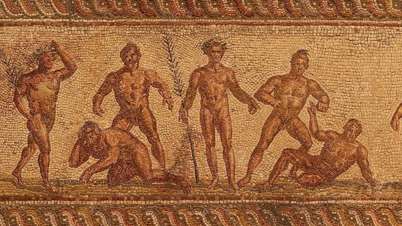 Ancient mosaic with various athletes, Patras Archaeological Museum, Patras, Peloponnese, Greece