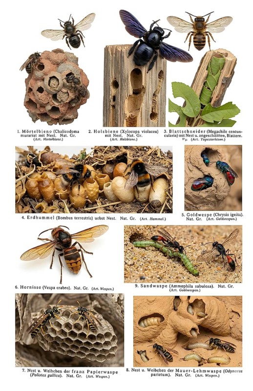 Display board Hymenoptera, historical illustration, digitally processed, animal world, wild animal, insect, European hornet (Vespa crabro), wood bees (Xylocopa), common wasp (Vespula vulgaris), Red-banded sand wasp (Ammophila sabulosa), ruby-tailed wasps (Chrysididae), true wasps (Vespinae)