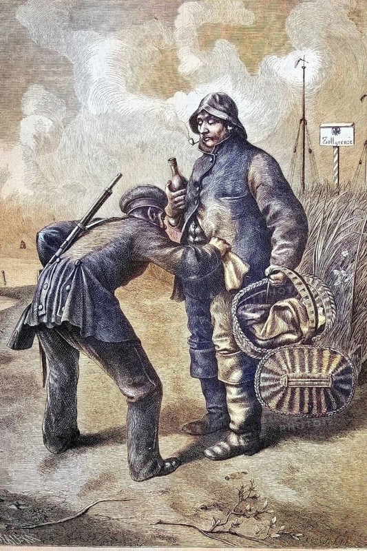 Customs officer searches fishermen for smuggled goods at the North Sea, Germany, coloured wood engraving, reproduction of an original from ca 1888, historical, customs officer checks man with baskets, rough weather, rural surroundings