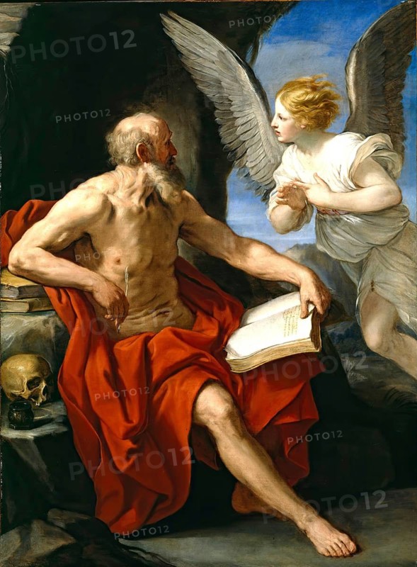 Painting, Reproduction of the painting, Work of art, Historical, Guido Reni, called il Guido or il divino Guido (b. 4 November 1575 in Bologna, d. 18. August 1642) Italian painter, fresco artist and etcher of the Bolognese school, main representative of a baroque classicism in painting, here the work:, The Angel Appearing to St Jerome (ca. 1638), The Angel Appears to St Jerome (ca. 1638), Elderly man in a red robe reads in a cave, accompanied by an angel