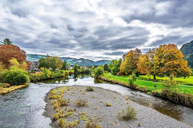 Autumn colors over Llanrwst, River Conwy, Conwy County Borough, Wales, UK