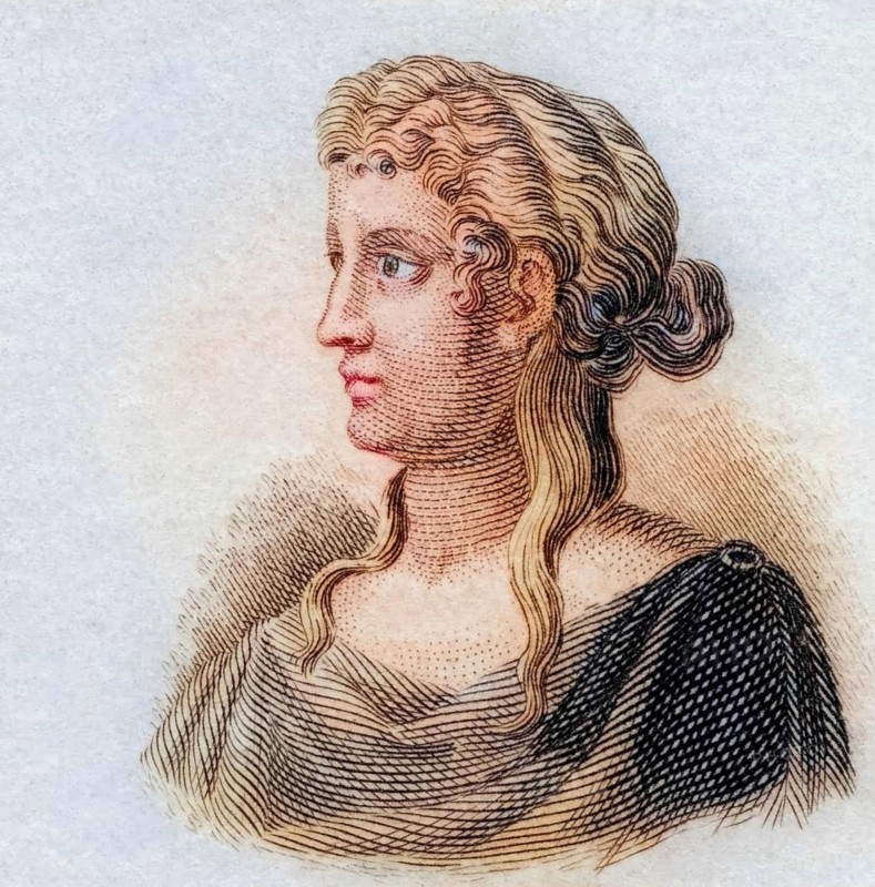 Sappho, (born between 630 and 612 BC, died around 570 BC) was an ancient Greek poet. She is considered the most important lyric poet of classical antiquity, coloured woodcut from Crabbe's Historical Dictionary from 1825, Historical, digital reproduction