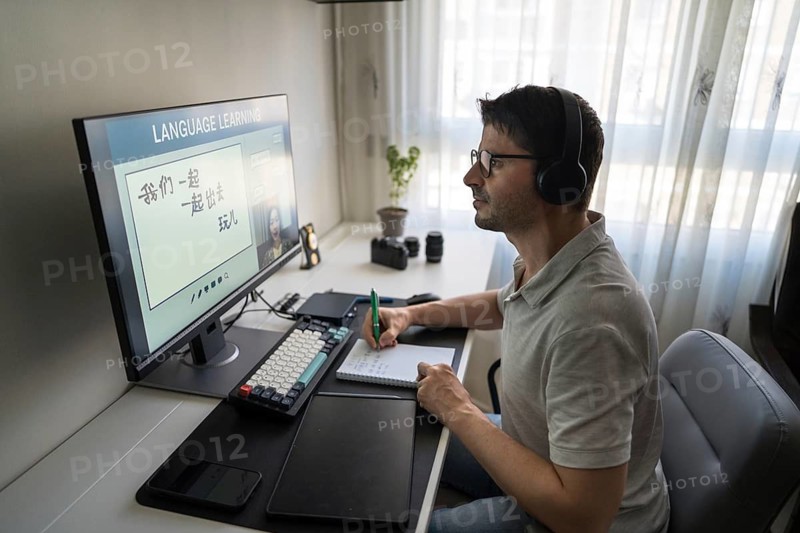 A man sits at his desk, wearing headphones, as he studies Mandarin online via a computer. The screen shows Chinese characters, illustrating an engaging language lesson