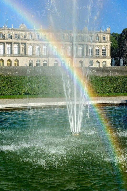 Rainbow in the Latona Fountain, Latona Fountain, fountain, castle park, Herrenchiemsee Castle, Herreninsel, Chiemsee, Chiemgau, Upper Bavaria, Bavaria, Germany