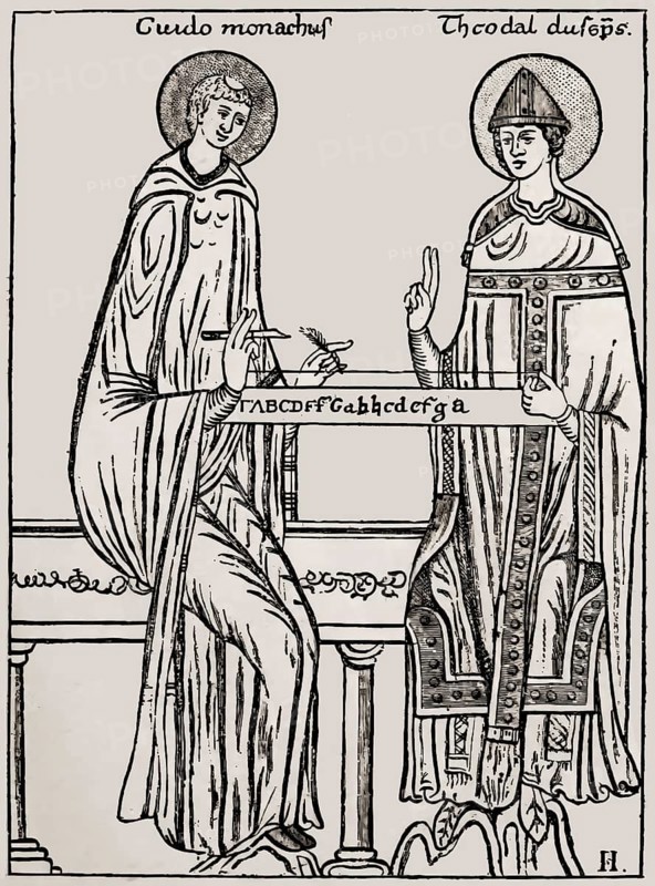 Guido of Arezzo showing Bishop Tedald the monochord, an ancient instrument with a single string, medieval manuscript, Micrologus de disciplina artis musicae, 11th Century