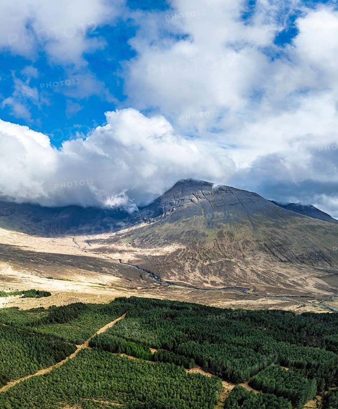 Fairy Pools and Waterfalls from a drone, Glen Brittle, Black Cuillin, Isle of Skye, Scotland, England, United Kingdom