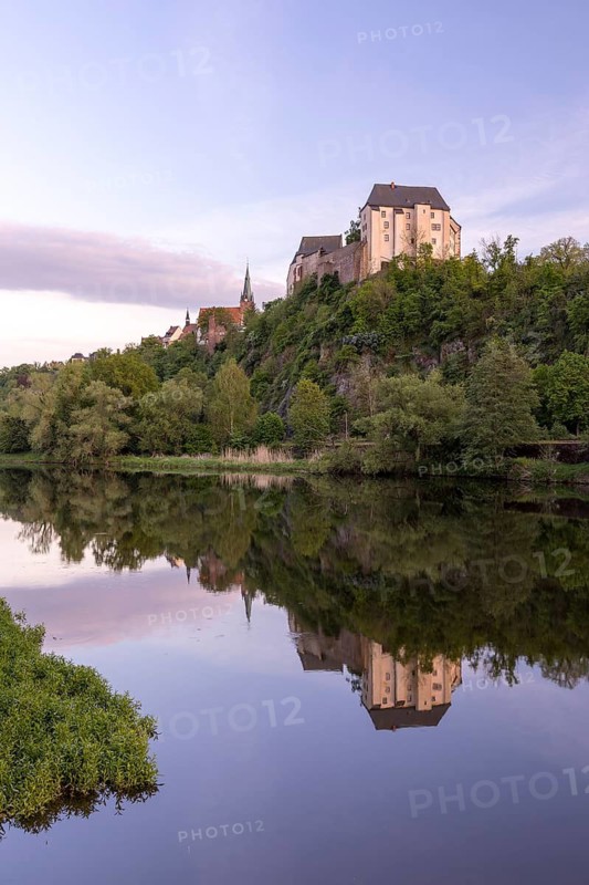 Mildenstein Castle and St Matthäi Church reflected in the Freiberger Mulde, Leisnig, Saxony, Germany