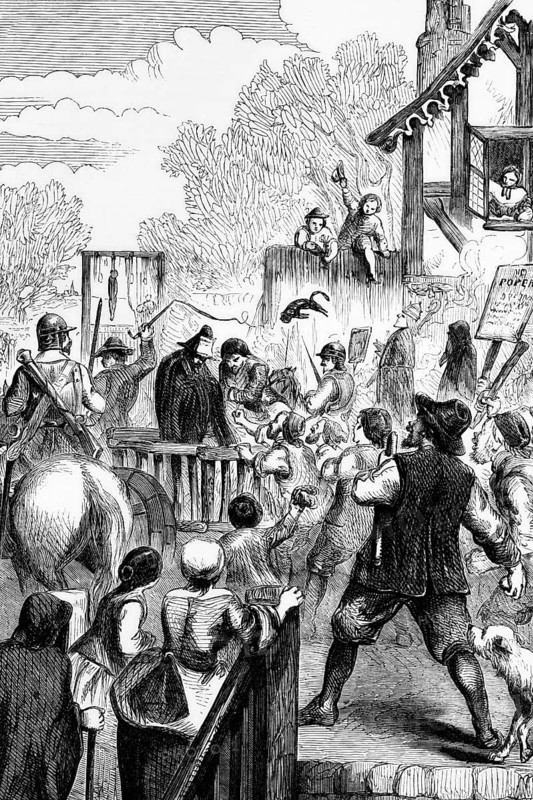 Riots during the Papist Conspiracy of 1679, a fictitious conspiracy orchestrated by Titus Oates that shook England, Wales and Scotland. The rumours of an all-out Catholic conspiracy to assassinate Charles II led to anti-Catholic hysteria between 1678 and 1681, digital reproduction of a historical model