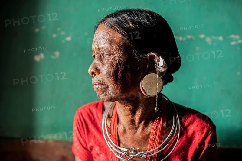 Portrait of a woman from the Lanjia Saora tribe (Odisha, India), She is one of the last Lanjia Saora woman wearing the traditional outfit and having tattoos on the face. The tradition is becoming extinct due to the influence of the christian missionaries and the mainstream Indian society