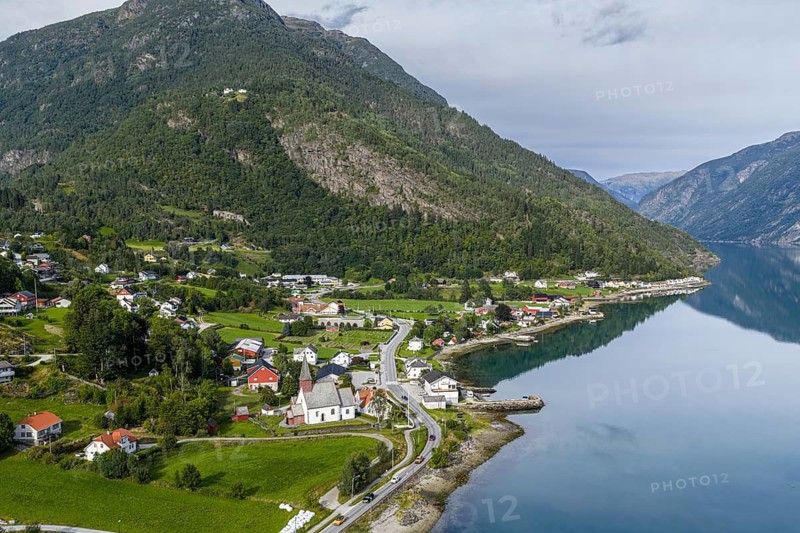 Historical church of Dalen at the Lustrafjord, inner branch of the Sognefjord, Sogn og Fjordane, aerial view, Norway