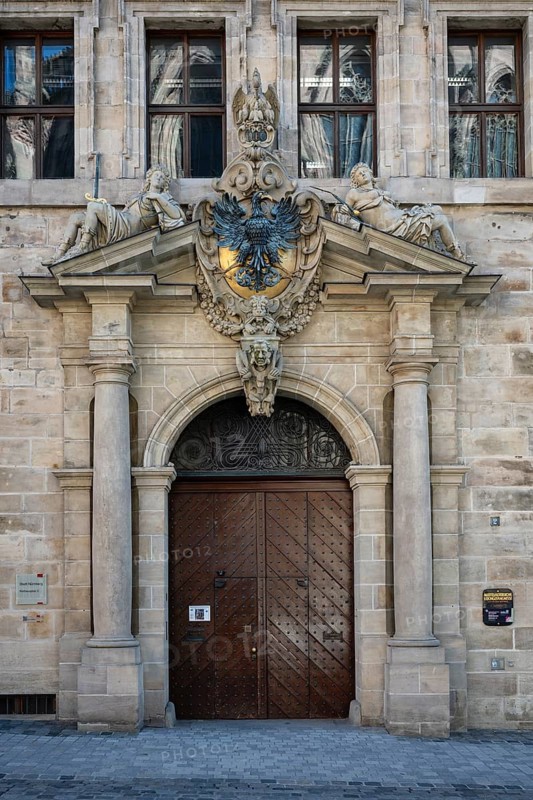 Portal on the west façade of the old town hall in the old town of Nuremberg with imperial eagle and sculptures, Nuremberg, Middle Franconia, Bavaria, Germany