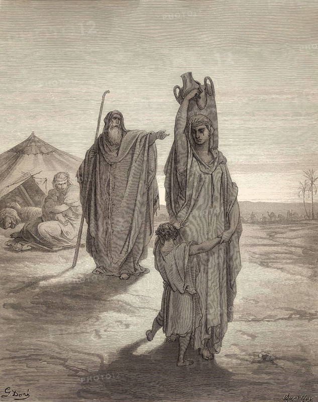 Abraham Sends Hagar and Ishmael Away, Old Testament, woodcut by Gustave Doré
