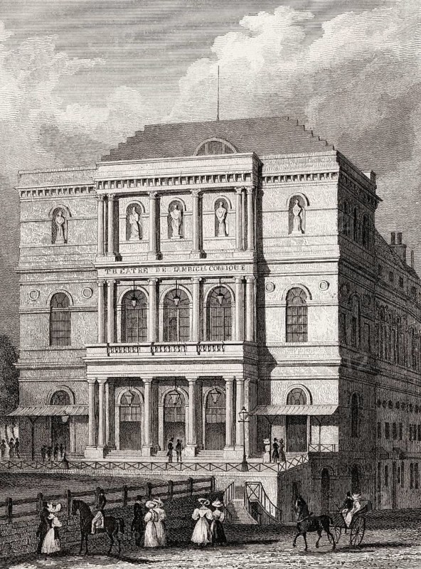 The Théâtre de l'Ambigu-Comique, Boulevard Saint-Martin, a former Parisian theatre, antique steel engraved print, 1831