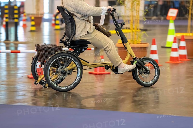 Test drives of new bikes at the public trade fair Fahrrad Essen, in the halls of Messe Essen, retailers and manufacturers show everything about bicycles, e-bikes, accessories, Pfautec tricycle, North Rhine-Westphalia, Germany