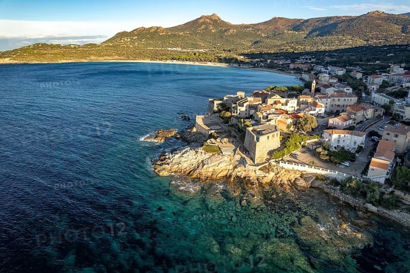 The village of Algajola with the citadel seen from the air, Balagne, Corsica, France