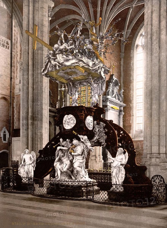 Altar in St Bavo's Abbey, an abbey in the Flemish city of Ghent near the confluence of the Leie and Scheldt rivers, Belgium, ca 1895, Historical, digitally restored reproduction from a 19th century original, Record date not stated