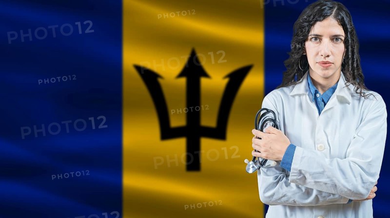 Barbadian national health system, Medical professional on Barbados flag background