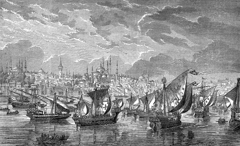 The fleet of the crusaders in front of Constantinople during the Fourth Crusade in 1203, Riva river, Turkey