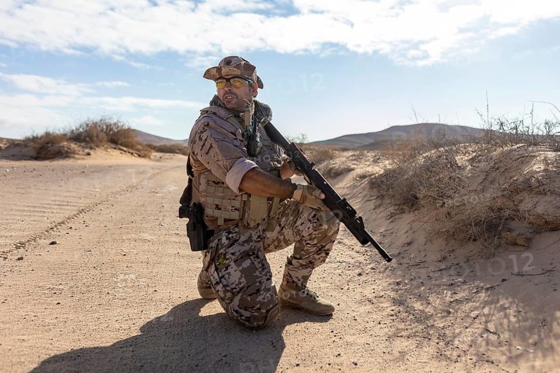 Soldier in desert camouflage, armed and alert, kneels in a barren landscape. The sun casts dynamic shadows on the terrain, highlighting tactical readiness in harsh conditions