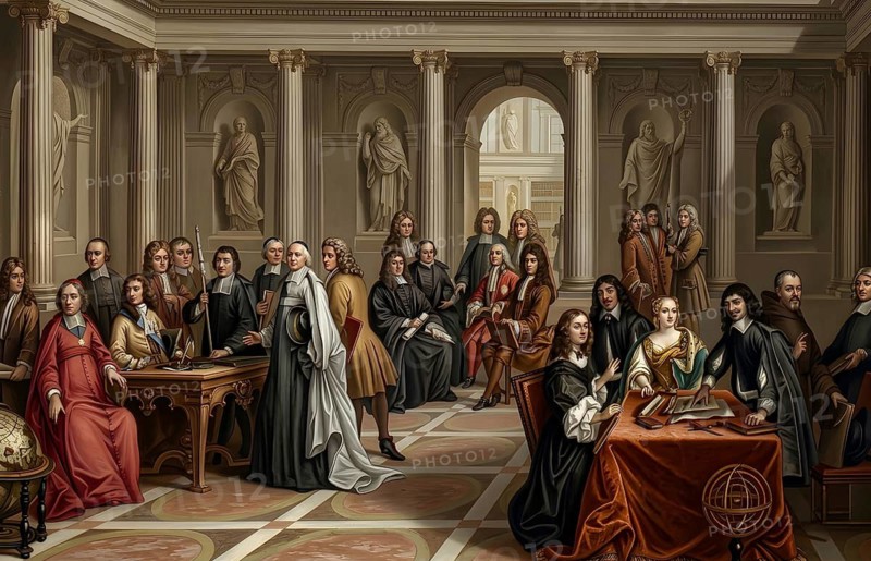 Descartes talking to Queen Christine of Sweden, historical illustration, digitally edited, historical figure, philosopher, René Descartes, mathematician, natural scientist