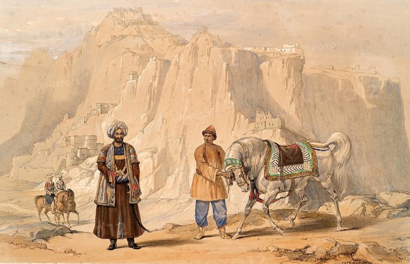 Castle of Zohauk-i-Maran, the British commander of the second Janbaz cavalry of Shah Shoojau and Afghan soldiers of the corps, Afghanistan, after an illustration from 1838 by James Atkinson (1780-1852), Illustration, Reproduction from a 19th century model. Authentic, file restored for optimal use, exact date of original unknown, Historical, Men in traditional garb with horse in front of a mountainous backdrop