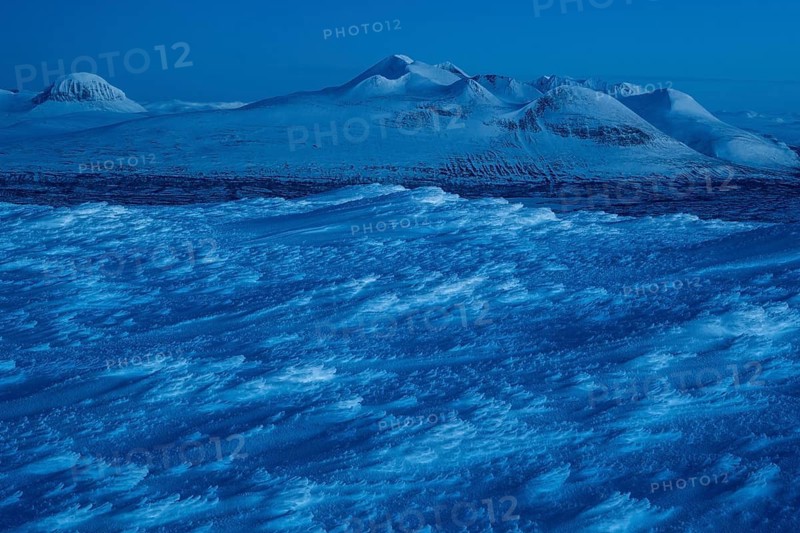 View of the Akka massif in the blue hour, Stora Sjöfallet National Park, Laponia World Heritage Site, Norrbotten, Lapland, Sweden, April 2021