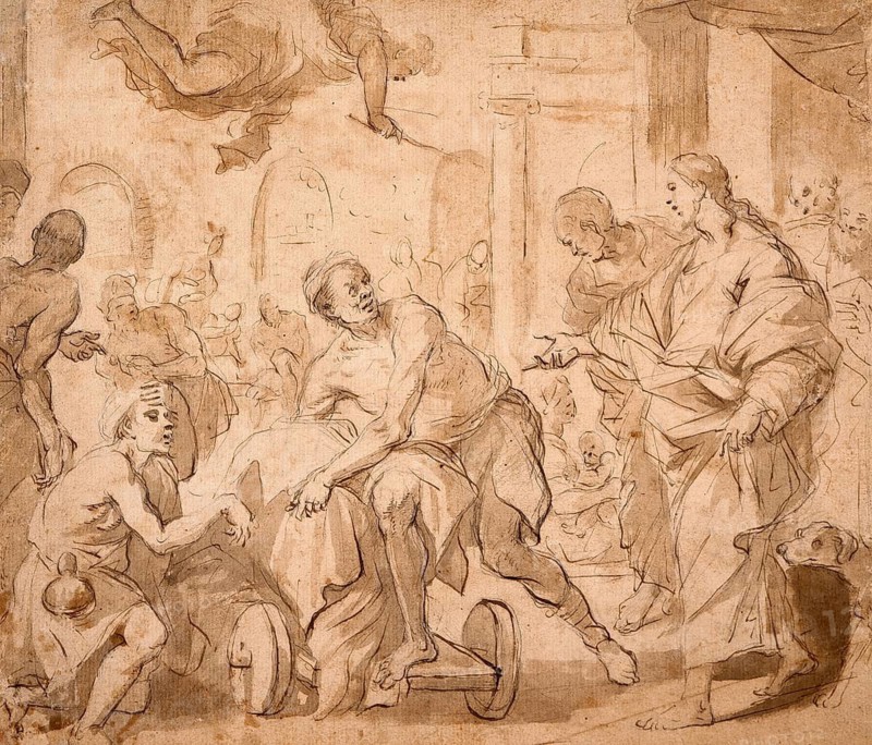Luca Giordano (b. 18 October 1634, d. 3 January 1705), called Fa Presto, Italian Baroque painter and etcher, Christ Healing the Paralytic at Bethesda (circa 17th century), Christ Healing the Paralytic at Bethesda (circa 17th century), Painting, Reproduction of the painting in its original state, Work of art, Historical, Sketch of a religious scene with moving figures and a cross