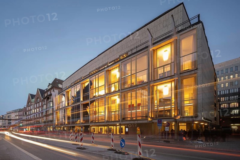 Hamburg State Opera (with Monster's Paradise façade) at blue hour with illuminated stripes of vehicles in the foreground, Hamburg, Germany