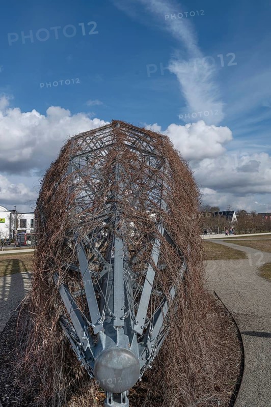 Zeppelin artwork, art and media installation The last airship for the LGS 2018 by Michael Ehlers, new Hubland residential area, Würzburg, Lower Franconia, Bavaria, Germany