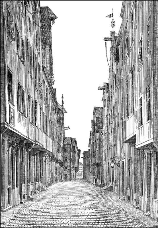 Historical architectural illustration from the 19th Century, 1881, German Renaissance style, 16th century, Buttermarktstrasse street, Buttermarkt, Buttermarket, houses now destroyed, Cologne, Germany, Europe, Deutsche Renaissance, Architektur-Zeichnung von 1881, Bürgerhäuser in Köln, Buttermarktstraße, Buttermarkt, heute nicht mehr vorhanden, Köln, Nordrhein-Westfalen, Deutschland, Europa