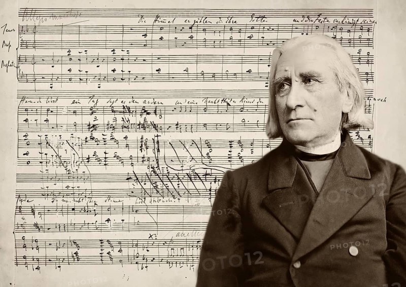 Portrait of Franz Liszt, 1811-1886, Hungarian composer, virtuoso pianist, Psalm XVIII, Die Himmel erzählen die Ehre Gottes, manuscript in Liszt's handwriting