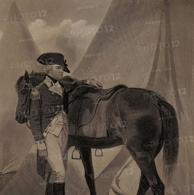 Antony Wayne (1745-1796) officer and politician, general in uniform, battles against the Indians, horse, tents, portrait of famous Americans, artist Alonzo Chappel, steel engraving, historical illustration 1862