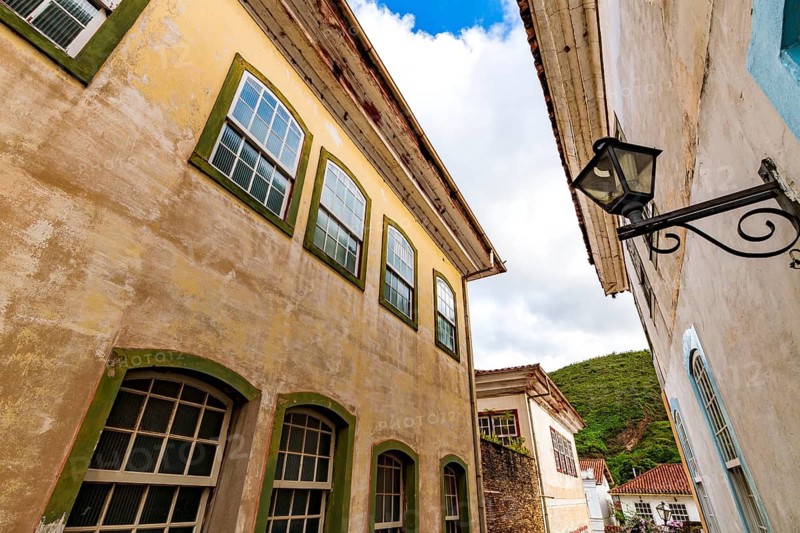 View between old buildings in the historic city of Ouro Preto, Ouro Preto, Minas Gerais, Brazil