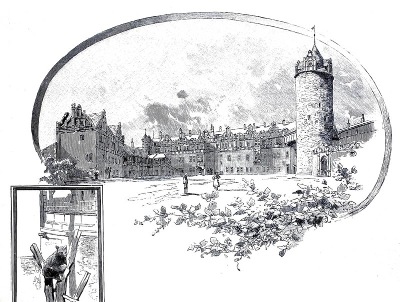Bernburg Castle around 1890, also known as the Crown of Anhalt, Renaissance castle in Bernburg (Saale), Saxony-Anhalt, Germany, Illustration, Reproduction from a 19th century original. Authentic, File restored for optimal use, Exact date of original unknown, Historic, A large castle with a prominent tower and courtyard