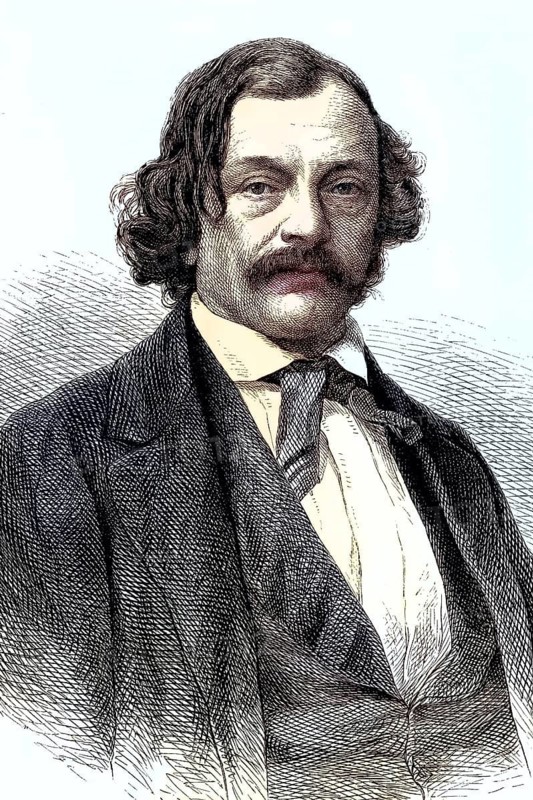 Hermann Marggraff, 1809-1864, was a German writer, journalist and literary critic, coloured woodcut from 1864, portrait of a man with curly hair and beard in a suit, historical style