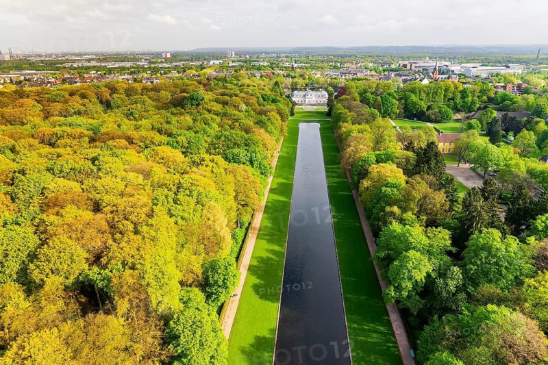 Aerial view of Spiegelweiher and Benrath Palace and Park, Düsseldorf, Germany