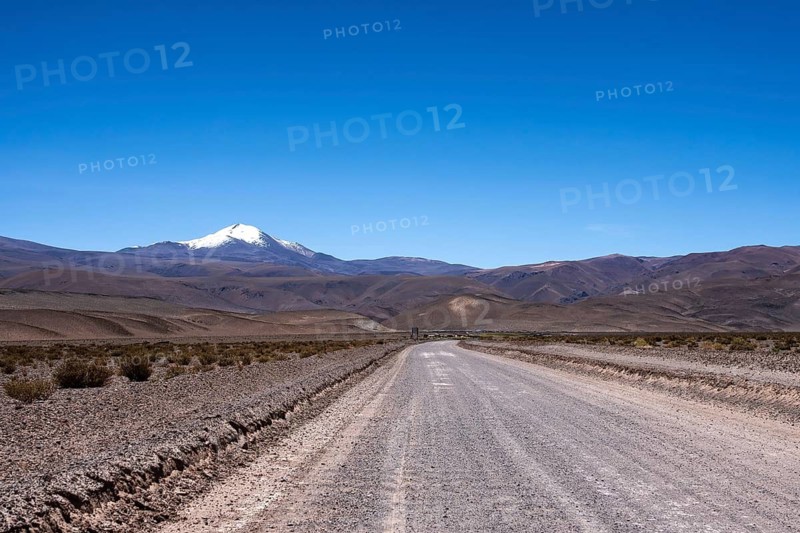 A dusty gravel road stretches towards a distant snow-capped mountain in La Puna region of Argentina, showcasing the vast, barren landscape under a clear blue sky