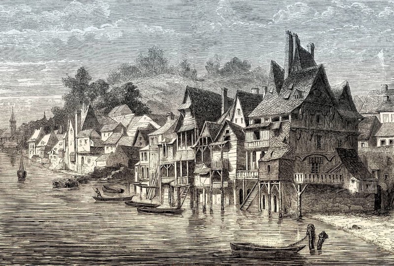 Old view of Laval, Mayenne department, France, 1857