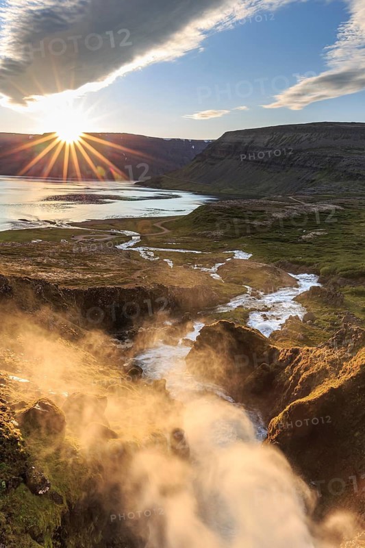 Waterfall, midnight sun, sun star, clouds, mountains, coast, Dynjandi, Westfjords, Iceland