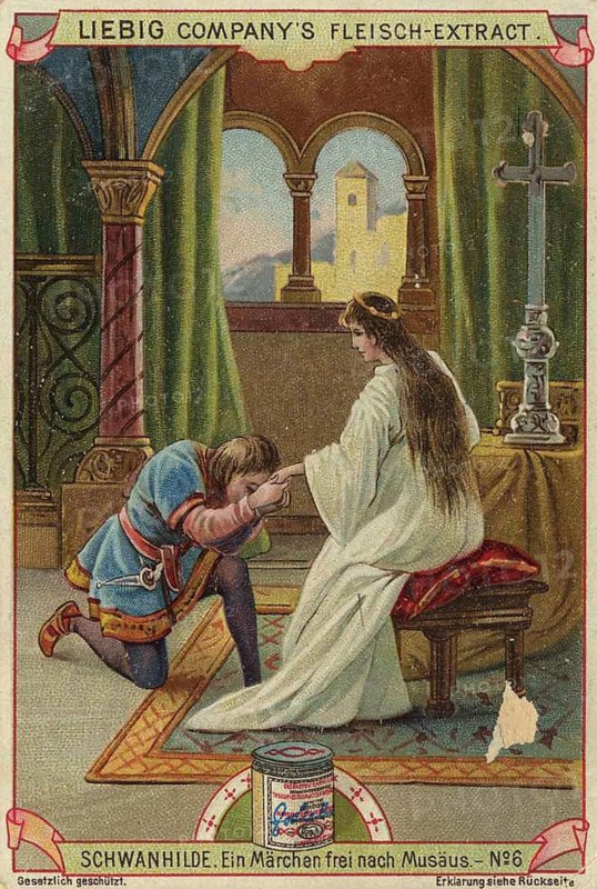 Picture series Schwanhilde, a fairy tale based on Musäus, Liebig picture, digitally restored reproduction of a collector's picture from around 1900, public domain, exact date unknown, A knight kneels in front of a queen in a sacred room with a castle in the background