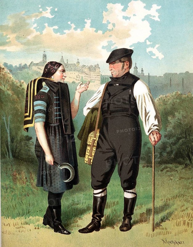 Traditional costumes in Germany around 1820, Altenburg, couple in traditional traditional costume in front of a picturesque landscape, digitally retouched reproduction of a model from around 1850, by Albert Kretschmer (27 February 1825, 11 July 1891), German painter and costume expert