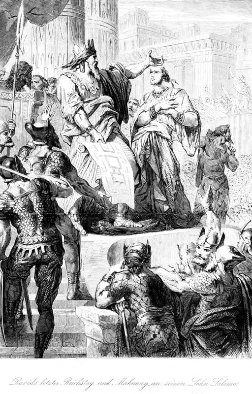 David's last kingdom day and admonition to his son Solomon, successor, king, handing over, throne, crown, warriors, weapons, outdoors, building, ruling, Bible, Old Testament, First Book of Chronicles, chapter 29, historical illustration around 1850