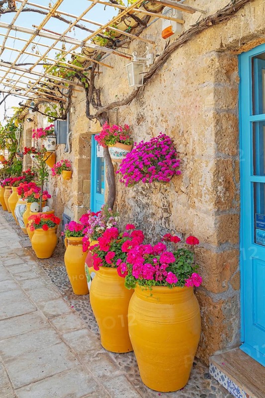 Traditional handmade glazed clay pots filled with flowers, Marzamemi, Noto Valley, Sicily, Italy