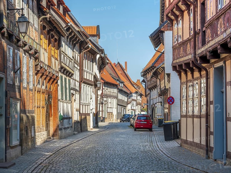 Street with old half-timbered houses and cobblestones in the historic old town, Hornburg, Schladen-Werla, Lower Saxony, Germany